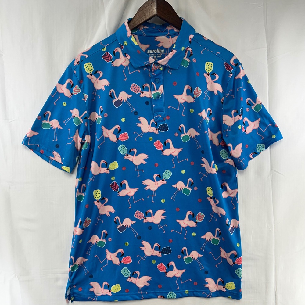 Aeroline Polo Shirt Mens Small Blue Flamingo Pickleball Print Short Sleeve